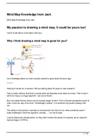 Mind Map Knowledge from Jack
Mind Map Knowledge from Jack



My passion is drawing a mind map. It could be yours too!
I want to talk about a few topics with you:



Why I think drawing a mind map is good for you?




Our knowledge about our brain actually started to grow about 50 years ago.

********

Hold your horses for a moment. We are talking about 60 years of real research!.

That is really nothing. And that is exactly what we basically know about our brain. That is why it
still is for many is a huge labyrinth. I am one of them!.

But I do realize that by nature we are actually eager to learn. From a Darwin perspective point of
view; it was our way of survival. “Knowledge is power”, is a sentence my parents always told
me.

The reality is that school is actually an environment (for most of us), where creativity wasn’t
really challenged. Quite the opposite, actually, …..for me at least.

I cannot blame the schoolsystem, as they didn’t realize the power of creativity yet as research
had just begun (1970?s).




                                                                                             1 / 10
 