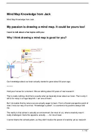 Mind Map Knowledge from Jack
Mind Map Knowledge from Jack



My passion is drawing a mind map. It could be yours too!
I want to talk about a few topics with you:

Why I think drawing a mind map is good for you?




Our knowledge about our brain actually started to grow about 50 years ago.

********

Hold your horses for a moment. We are talking about 60 years of real research!.

That is really nothing. And that is exactly what we basically know about our brain. That is why it
still is for many is a huge labyrinth. I am one of them!.

But I do realize that by nature we are actually eager to learn. From a Darwin perspective point of
view; it was our way of survival. “Knowledge is power”, is a sentence my parents always told
me.

The reality is that school is actually an environment (for most of us), where creativity wasn’t
really challenged. Quite the opposite, actually, …..for me at least.

I cannot blame the schoolsystem, as they didn’t realize the power of creativity yet as research




                                                                                             1 / 10
 