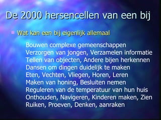 De 2000 hersencellen van een bij Wat kan een bij eigenlijk allemaal Bouwen complexe gemeenschappen Verzorgen van jongen, Verzamelen informatie Tellen van objecten, Andere bijen herkennen Dansen om dingen duidelijk te maken Eten, Vechten, Vliegen, Horen, Leren Maken van honing, Besluiten nemen Reguleren van de temperatuur van hun huis Onthouden, Navigeren, Kinderen maken, Zien Ruiken, Proeven, Denken, aanraken 