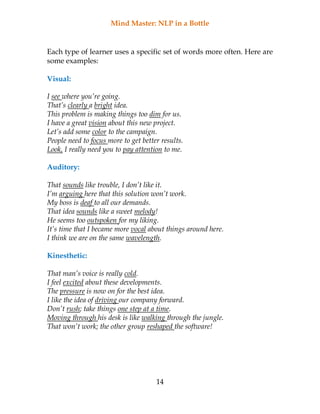 Mind Master: NLP in a Bottle
14
Each type of learner uses a specific set of words more often. Here are
some examples:
Visual:
I see where you’re going.
That’s clearly a bright idea.
This problem is making things too dim for us.
I have a great vision about this new project.
Let’s add some color to the campaign.
People need to focus more to get better results.
Look, I really need you to pay attention to me.
Auditory:
That sounds like trouble, I don’t like it.
I’m arguing here that this solution won’t work.
My boss is deaf to all our demands.
That idea sounds like a sweet melody!
He seems too outspoken for my liking.
It’s time that I became more vocal about things around here.
I think we are on the same wavelength.
Kinesthetic:
That man’s voice is really cold.
I feel excited about these developments.
The pressure is now on for the best idea.
I like the idea of driving our company forward.
Don’t rush; take things one step at a time.
Moving through his desk is like walking through the jungle.
That won’t work; the other group reshaped the software!
 