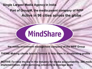 Single Largest Media Agency in India Part of GroupM, the media parent company of WPP Active in 96 cities across the globe MOTIVE-To raise the bar in the industry for media accountability, 360 media  Implementation, client servicing, creativity & leverage scale THEME-Making clients brands famous & help them in accelerating profits the media investment management company of the WPP Group  