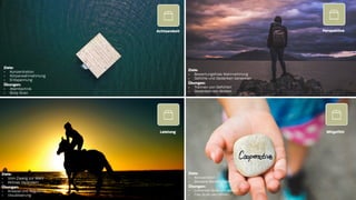 Ziele:
• Konzentration
• Körperwahrnehmung
• Entspannung
Übungen:
• Atemtechnik
• Body Scan
Achtsamkeit
Ziele:
• Bewertungsfreie Wahrnehmung
• Gefühle und Gedanken benennen
Übungen:
• Trennen von Gefühlen
• Gedanken wie Wolken
Perspektive
Leistung
Ziele:
• Vom Zwang zur Wahl
• Aktives Verändern
Übungen:
• Analyse und Regulation
• Visualisierung
Leistung
Ziele:
• Kooperation
• Bessere Beziehungen
Übungen:
• Liebende Güte Meditation
• Das Gute vermehren
Mitgefühl
 