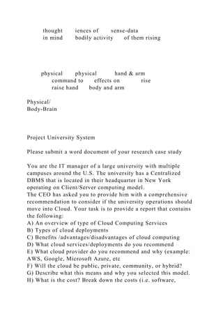 thought iences of sense-data
in mind bodily activity of them rising
physical physical hand & arm
command to effects on rise
raise hand body and arm
Physical/
Body-Brain
Project University System
Please submit a word document of your research case study
You are the IT manager of a large university with multiple
campuses around the U.S. The university has a Centralized
DBMS that is located in their headquarter in New York
operating on Client/Server computing model.
The CEO has asked you to provide him with a comprehensive
recommendation to consider if the university operations should
move into Cloud. Your task is to provide a report that contains
the following:
A) An overview of type of Cloud Computing Services
B) Types of cloud deployments
C) Benefits /advantages/disadvantages of cloud computing
D) What cloud services/deployments do you recommend
E) What cloud provider do you recommend and why (example:
AWS, Google, Microsoft Azure, etc
F) Will the cloud be public, private, community, or hybrid?
G) Describe what this means and why you selected this model.
H) What is the cost? Break down the costs (i.e. software,
 