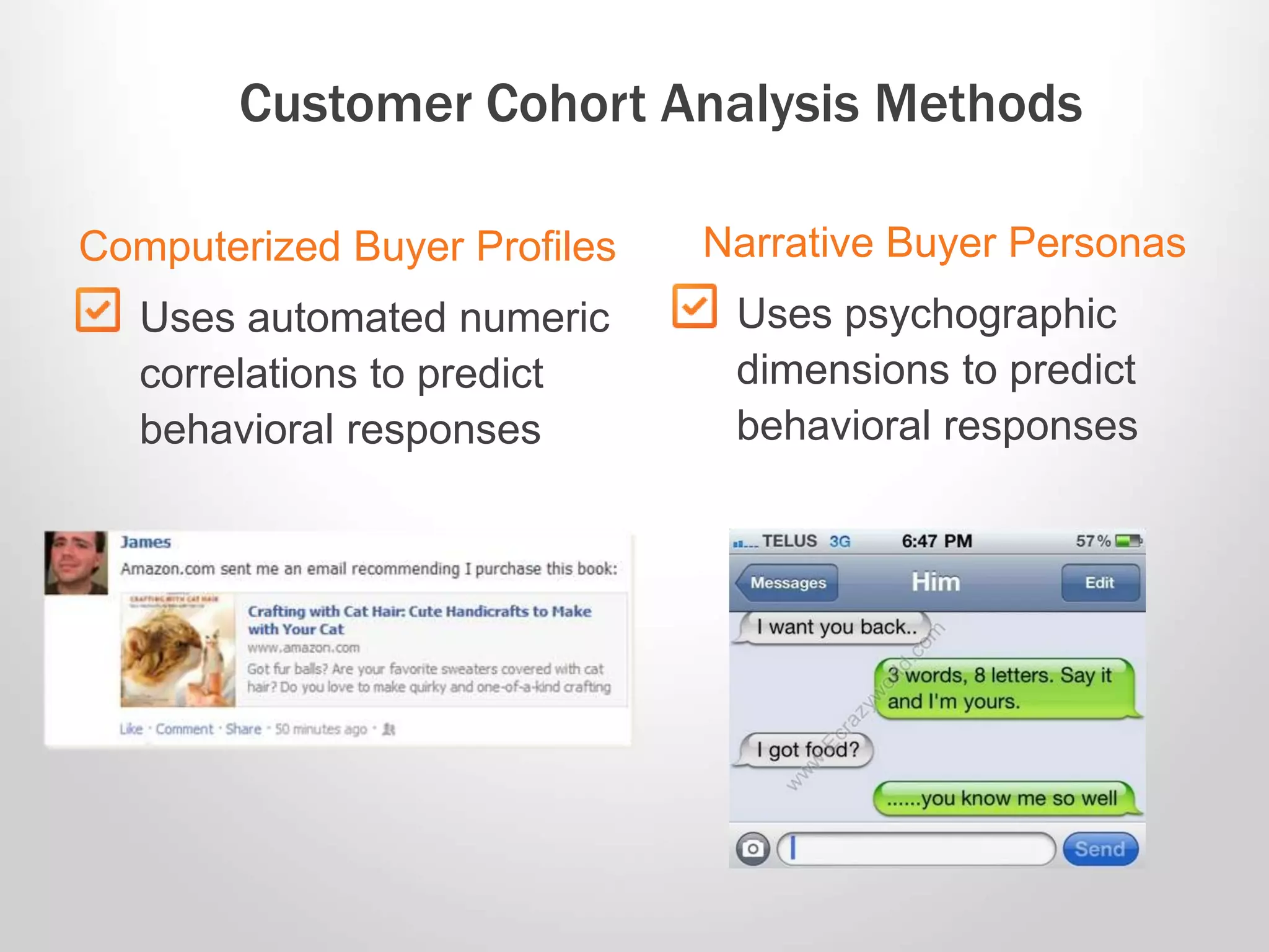 Narrative Buyer Personas
Uses psychographic
dimensions to predict
behavioral responses
Computerized Buyer Profiles
Uses automated numeric
correlations to predict
behavioral responses
Customer Cohort Analysis Methods
 