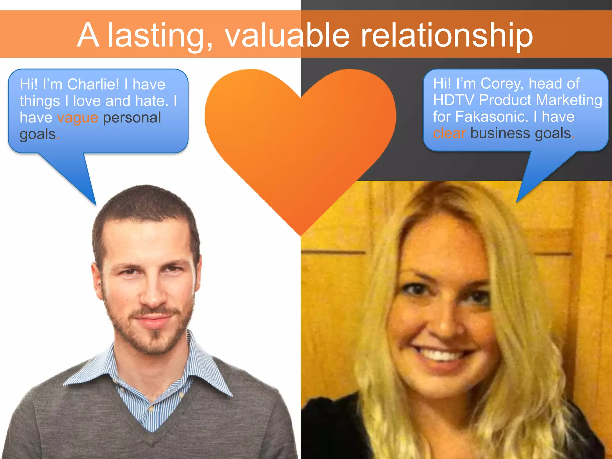 A lasting, valuable relationship
Hi! I’m Charlie! I have
things I love and hate. I
have vague personal
goals.
Hi! I’m Corey, head of
HDTV Product Marketing
for Fakasonic. I have
clear business goals.
 