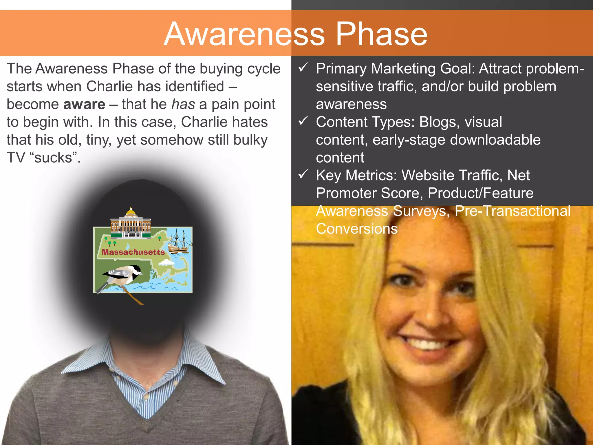 Awareness Phase
The Awareness Phase of the buying cycle
starts when Charlie has identified –
become aware – that he has a pain point
to begin with. In this case, Charlie hates
that his old, tiny, yet somehow still bulky
TV “sucks”.
 Primary Marketing Goal: Attract problem-
sensitive traffic, and/or build problem
awareness
 Content Types: Blogs, visual
content, early-stage downloadable
content
 Key Metrics: Website Traffic, Net
Promoter Score, Product/Feature
Awareness Surveys, Pre-Transactional
Conversions
 