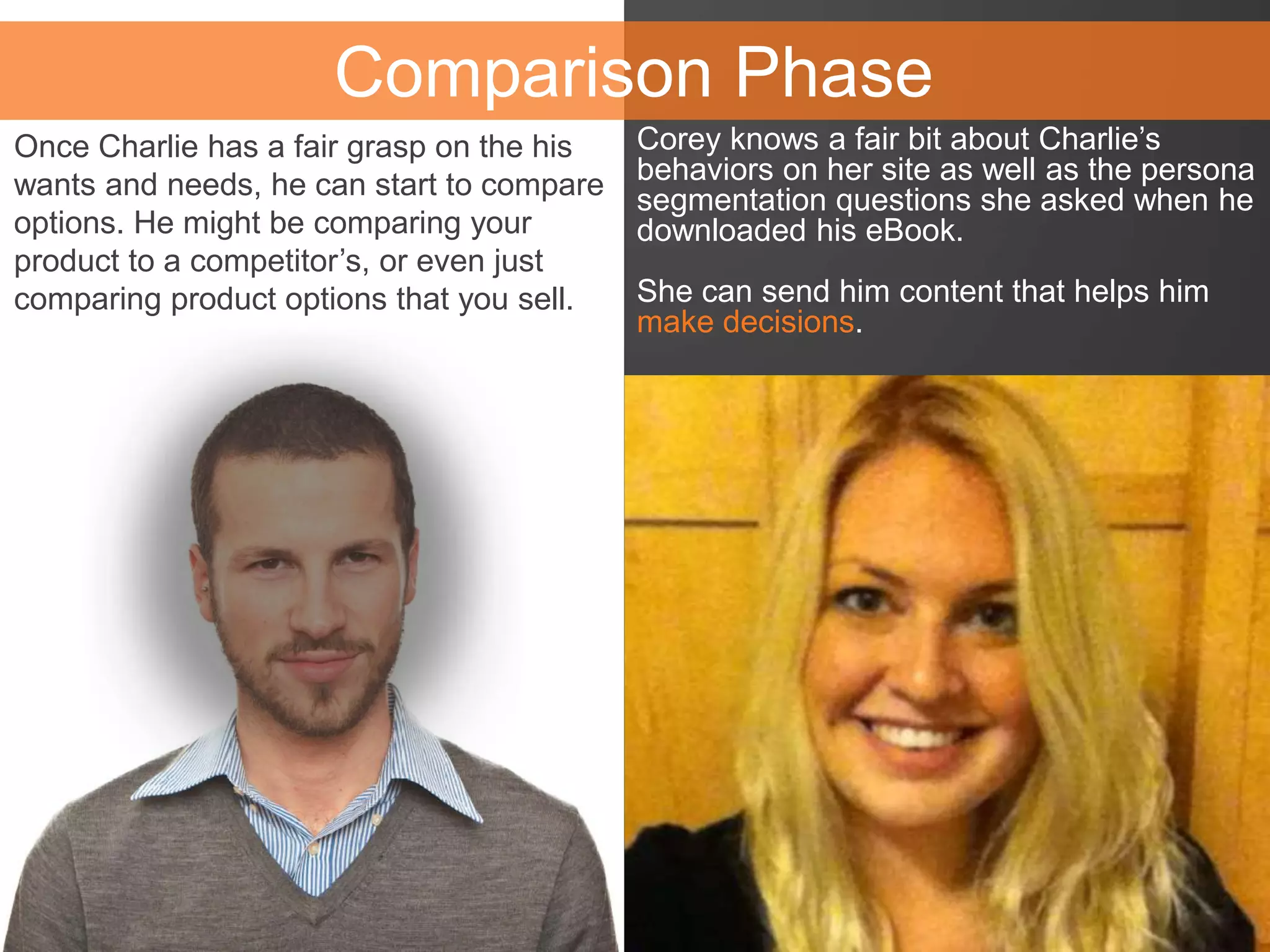 Corey knows a fair bit about Charlie’s
behaviors on her site as well as the persona
segmentation questions she asked when he
downloaded his eBook.
She can send him content that helps him
make decisions.
Comparison Phase
Once Charlie has a fair grasp on the his
wants and needs, he can start to compare
options. He might be comparing your
product to a competitor’s, or even just
comparing product options that you sell.
 