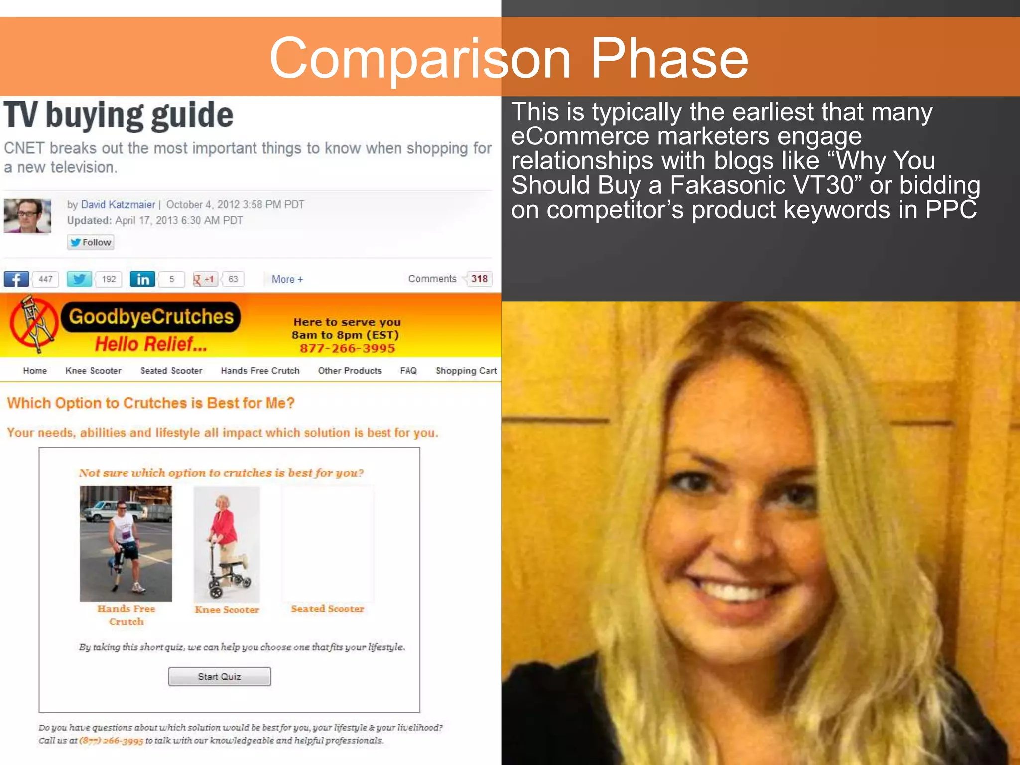This is typically the earliest that many
eCommerce marketers engage
relationships with blogs like “Why You
Should Buy a Fakasonic VT30” or bidding
on competitor’s product keywords in PPC
Comparison Phase
 
