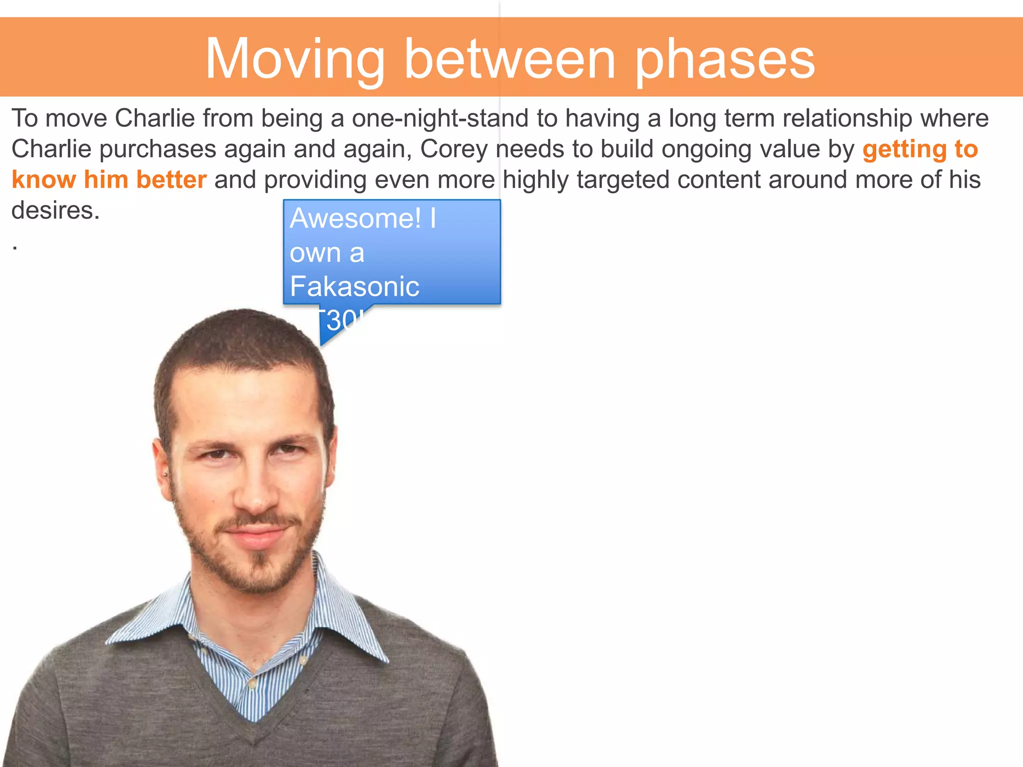 Moving between phases
To move Charlie from being a one-night-stand to having a long term relationship where
Charlie purchases again and again, Corey needs to build ongoing value by getting to
know him better and providing even more highly targeted content around more of his
desires.
.
Awesome! I
own a
Fakasonic
VT30!
 