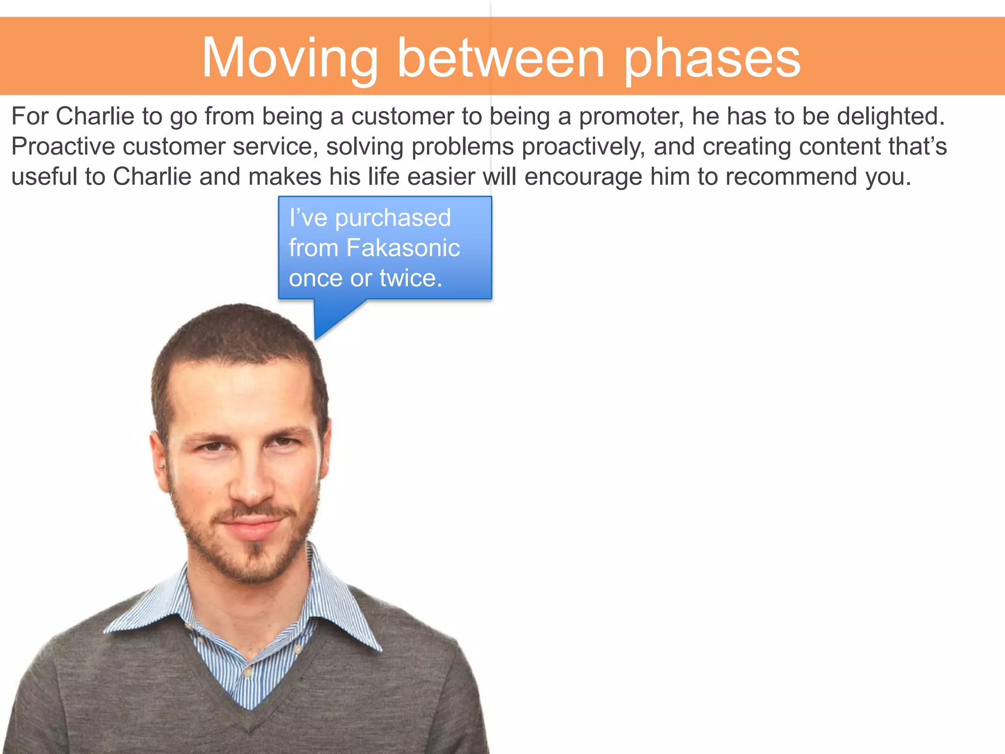 Moving between phases
For Charlie to go from being a customer to being a promoter, he has to be delighted.
Proactive customer service, solving problems proactively, and creating content that’s
useful to Charlie and makes his life easier will encourage him to recommend you.
I’ve purchased
from Fakasonic
once or twice.
 