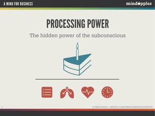 A MIND FOR BUSINESS

PROCESSING POWER
The hidden power of the subconscious

13

ALL ORIGINAL MATERIAL © MINDAPPLES. NO UNAUTHORISED REPRODUCTION OR DISTRIBUTION.

 