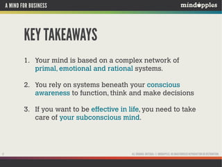 A MIND FOR BUSINESS

KEY TAKEAWAYS
1. Your mind is based on a complex network of
primal, emotional and rational systems.
2. You rely on systems beneath your conscious
awareness to function, think and make decisions
3. If you want to be effective in life, you need to take
care of your subconscious mind.

17

ALL ORIGINAL MATERIAL © MINDAPPLES. NO UNAUTHORISED REPRODUCTION OR DISTRIBUTION.

 