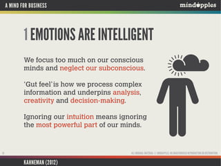 A MIND FOR BUSINESS

1 EMOTIONS ARE INTELLIGENT
We focus too much on our conscious
minds and neglect our subconscious.
‘Gut feel’ is how we process complex
information and underpins analysis,
creativity and decision-making.
Ignoring our intuition means ignoring
the most powerful part of our minds.

ALL ORIGINAL MATERIAL © MINDAPPLES. NO UNAUTHORISED REPRODUCTION OR DISTRIBUTION.

19

KAHNEMAN (2012)

 
