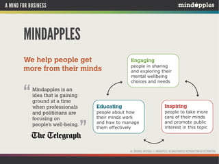 A MIND FOR BUSINESS

MINDAPPLES
We help people get
more from their minds

“

Mindapples is an
idea that is gaining
ground at a time
when professionals
and politicians are
focusing on
people’s well-being.

Engaging
people in sharing
and exploring their
mental wellbeing
choices and needs

Educating

”

Inspiring

people about how
their minds work
and how to manage
them effectively

people to take more
care of their minds
and promote public
interest in this topic

ALL ORIGINAL MATERIAL © MINDAPPLES. NO UNAUTHORISED REPRODUCTION OR DISTRIBUTION.

 