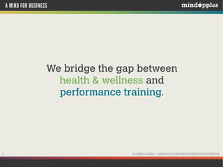 A MIND FOR BUSINESS

We bridge the gap between
health & wellness and
performance training.

5

ALL ORIGINAL MATERIAL © MINDAPPLES. NO UNAUTHORISED REPRODUCTION OR DISTRIBUTION.

 