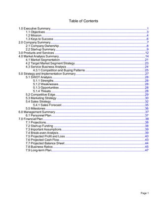 Table of Contents
Page 1
1.0 Executive Summary.............................................................................................................................1
1.1 Objectives...................................................................................................................................3
1.2 Mission........................................................................................................................................4
1.3 Keys to Success ........................................................................................................................6
2.0 Company Summary.............................................................................................................................7
2.1 Company Ownership.................................................................................................................8
2.2 Start-up Summary......................................................................................................................9
3.0 Products and Services .....................................................................................................................12
4.0 Market Analysis Summary................................................................................................................14
4.1 Market Segmentation..............................................................................................................21
4.2 Target Market Segment Strategy...........................................................................................23
4.3 Service Business Analysis .....................................................................................................24
4.3.1 Competition and Buying Patterns .............................................................................25
5.0 Strategy and Implementation Summary..........................................................................................27
5.1 SWOT Analysis........................................................................................................................28
5.1.1 Strengths......................................................................................................................28
5.1.2 Weaknesses................................................................................................................28
5.1.3 Opportunities...............................................................................................................28
5.1.4 Threats .........................................................................................................................28
5.2 Competitive Edge....................................................................................................................29
5.3 Marketing Strategy..................................................................................................................30
5.4 Sales Strategy..........................................................................................................................32
5.4.1 Sales Forecast............................................................................................................35
5.5 Milestones ................................................................................................................................36
6.0 Management Summary....................................................................................................................37
6.1 Personnel Plan.........................................................................................................................37
7.0 Financial Plan....................................................................................................................................38
7.1 Projections................................................................................................................................38
7.2 Start-up Funding ......................................................................................................................38
7.3 Important Assumptions............................................................................................................39
7.4 Break-even Analysis................................................................................................................39
7.5 Projected Profit and Loss.......................................................................................................40
7.6 Projected Cash Flow...............................................................................................................43
7.7 Projected Balance Sheet........................................................................................................44
7.8 Business Ratios.......................................................................................................................45
7.9 Long-term Plan.........................................................................................................................47
 