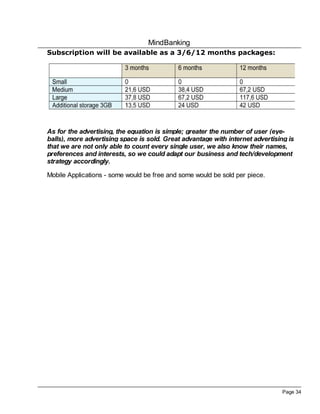 MindBanking
Page 34
Subscription will be available as a 3/6/12 months packages:
As for the advertising, the equation is simple; greater the number of user (eye-
balls), more advertising space is sold. Great advantage with internet advertising is
that we are not only able to count every single user, we also know their names,
preferences and interests, so we could adapt our business and tech/development
strategy accordingly.
Mobile Applications - some would be free and some would be sold per piece.
 