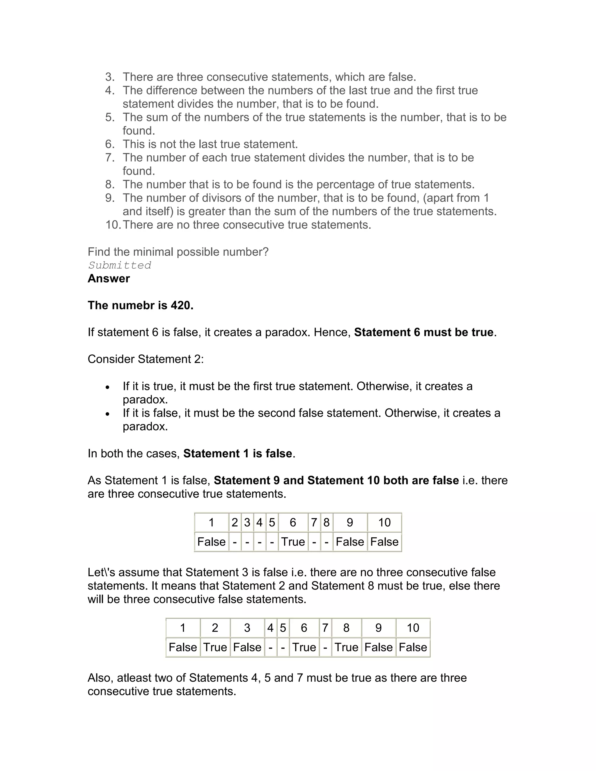 3. There are three consecutive statements, which are false.
   4. The difference between the numbers of the last true and the first true
       statement divides the number, that is to be found.
   5. The sum of the numbers of the true statements is the number, that is to be
       found.
   6. This is not the last true statement.
   7. The number of each true statement divides the number, that is to be
       found.
   8. The number that is to be found is the percentage of true statements.
   9. The number of divisors of the number, that is to be found, (apart from 1
       and itself) is greater than the sum of the numbers of the true statements.
   10. There are no three consecutive true statements.

Find the minimal possible number?
Submitted
Answer

The numebr is 420.

If statement 6 is false, it creates a paradox. Hence, Statement 6 must be true.

Consider Statement 2:

   •   If it is true, it must be the first true statement. Otherwise, it creates a
       paradox.
   •   If it is false, it must be the second false statement. Otherwise, it creates a
       paradox.

In both the cases, Statement 1 is false.

As Statement 1 is false, Statement 9 and Statement 10 both are false i.e. there
are three consecutive true statements.

                        1    2 3 4 5      6       7 8   9   10
                      False - - - - True - - False False

Let's assume that Statement 3 is false i.e. there are no three consecutive false
statements. It means that Statement 2 and Statement 8 must be true, else there
will be three consecutive false statements.

                  1      2      3   4 5       6    7    8   9    10
                False True False - - True - True False False

Also, atleast two of Statements 4, 5 and 7 must be true as there are three
consecutive true statements.
 