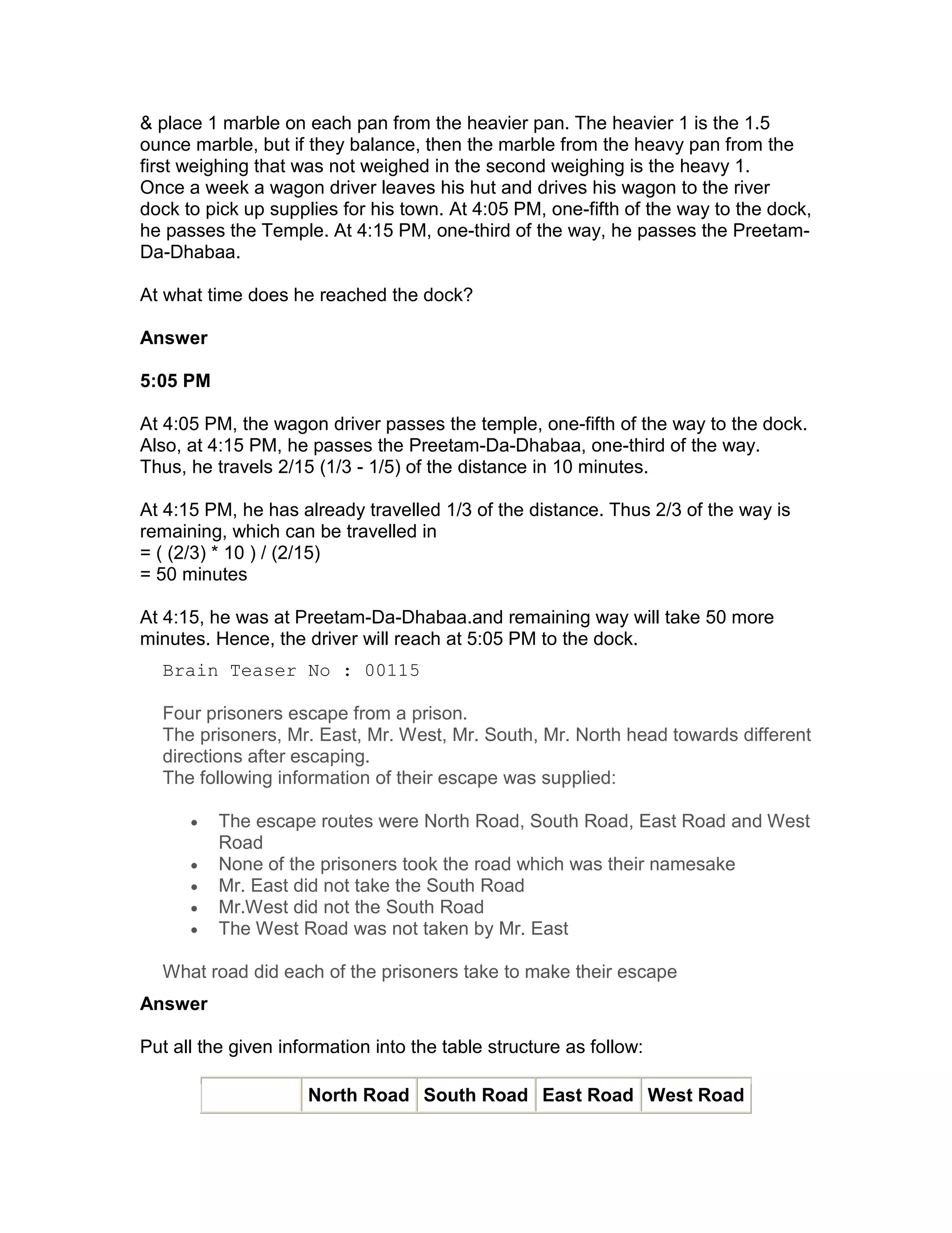 & place 1 marble on each pan from the heavier pan. The heavier 1 is the 1.5
ounce marble, but if they balance, then the marble from the heavy pan from the
first weighing that was not weighed in the second weighing is the heavy 1.
Once a week a wagon driver leaves his hut and drives his wagon to the river
dock to pick up supplies for his town. At 4:05 PM, one-fifth of the way to the dock,
he passes the Temple. At 4:15 PM, one-third of the way, he passes the Preetam-
Da-Dhabaa.

At what time does he reached the dock?

Answer

5:05 PM

At 4:05 PM, the wagon driver passes the temple, one-fifth of the way to the dock.
Also, at 4:15 PM, he passes the Preetam-Da-Dhabaa, one-third of the way.
Thus, he travels 2/15 (1/3 - 1/5) of the distance in 10 minutes.

At 4:15 PM, he has already travelled 1/3 of the distance. Thus 2/3 of the way is
remaining, which can be travelled in
= ( (2/3) * 10 ) / (2/15)
= 50 minutes

At 4:15, he was at Preetam-Da-Dhabaa.and remaining way will take 50 more
minutes. Hence, the driver will reach at 5:05 PM to the dock.
  Brain Teaser No : 00115

  Four prisoners escape from a prison.
  The prisoners, Mr. East, Mr. West, Mr. South, Mr. North head towards different
  directions after escaping.
  The following information of their escape was supplied:

      •   The escape routes were North Road, South Road, East Road and West
          Road
      •   None of the prisoners took the road which was their namesake
      •   Mr. East did not take the South Road
      •   Mr.West did not the South Road
      •   The West Road was not taken by Mr. East

  What road did each of the prisoners take to make their escape
Answer

Put all the given information into the table structure as follow:

                     North Road South Road East Road West Road
 
