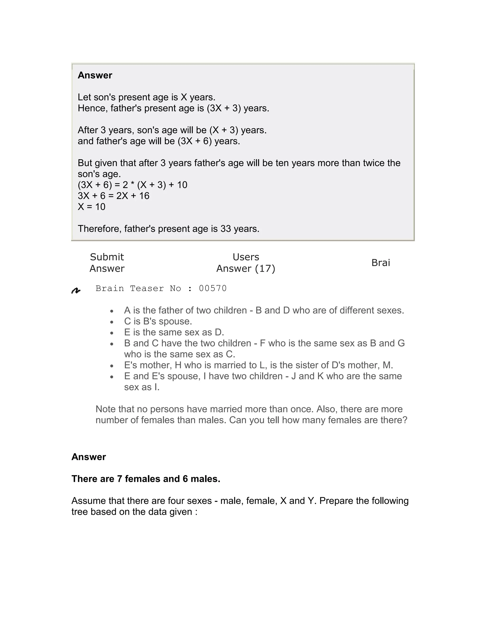 Answer

 Let son's present age is X years.
 Hence, father's present age is (3X + 3) years.

 After 3 years, son's age will be (X + 3) years.
 and father's age will be (3X + 6) years.

 But given that after 3 years father's age will be ten years more than twice the
 son's age.
 (3X + 6) = 2 * (X + 3) + 10
 3X + 6 = 2X + 16
 X = 10

 Therefore, father's present age is 33 years.

    Submit                            Users
                                                                         Brai
    Answer                         Answer (17)

     Brain Teaser No : 00570

         •   A is the father of two children - B and D who are of different sexes.
         •   C is B's spouse.
         •   E is the same sex as D.
         •   B and C have the two children - F who is the same sex as B and G
             who is the same sex as C.
         •   E's mother, H who is married to L, is the sister of D's mother, M.
         •   E and E's spouse, I have two children - J and K who are the same
             sex as I.

     Note that no persons have married more than once. Also, there are more
     number of females than males. Can you tell how many females are there?


Answer

There are 7 females and 6 males.

Assume that there are four sexes - male, female, X and Y. Prepare the following
tree based on the data given :
 