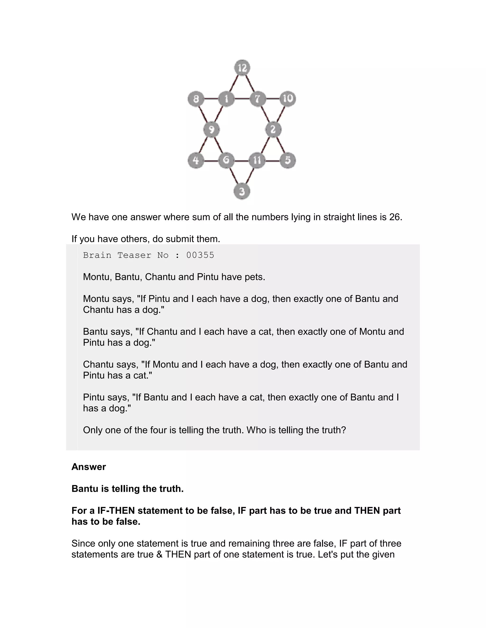 We have one answer where sum of all the numbers lying in straight lines is 26.

If you have others, do submit them.
  Brain Teaser No : 00355

  Montu, Bantu, Chantu and Pintu have pets.

  Montu says, "If Pintu and I each have a dog, then exactly one of Bantu and
  Chantu has a dog."

  Bantu says, "If Chantu and I each have a cat, then exactly one of Montu and
  Pintu has a dog."

  Chantu says, "If Montu and I each have a dog, then exactly one of Bantu and
  Pintu has a cat."

  Pintu says, "If Bantu and I each have a cat, then exactly one of Bantu and I
  has a dog."

  Only one of the four is telling the truth. Who is telling the truth?


Answer

Bantu is telling the truth.

For a IF-THEN statement to be false, IF part has to be true and THEN part
has to be false.

Since only one statement is true and remaining three are false, IF part of three
statements are true & THEN part of one statement is true. Let's put the given
 