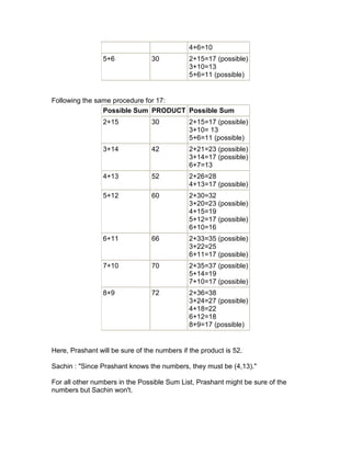 4+6=10
                 5+6             30           2+15=17 (possible)
                                              3+10=13
                                              5+6=11 (possible)


Following the same procedure for 17:
                Possible Sum PRODUCT Possible Sum
                 2+15            30           2+15=17 (possible)
                                              3+10= 13
                                              5+6=11 (possible)
                 3+14            42           2+21=23 (possible)
                                              3+14=17 (possible)
                                              6+7=13
                 4+13            52           2+26=28
                                              4+13=17 (possible)
                 5+12            60           2+30=32
                                              3+20=23 (possible)
                                              4+15=19
                                              5+12=17 (possible)
                                              6+10=16
                 6+11            66           2+33=35 (possible)
                                              3+22=25
                                              6+11=17 (possible)
                 7+10            70           2+35=37 (possible)
                                              5+14=19
                                              7+10=17 (possible)
                 8+9             72           2+36=38
                                              3+24=27 (possible)
                                              4+18=22
                                              6+12=18
                                              8+9=17 (possible)


Here, Prashant will be sure of the numbers if the product is 52.

Sachin : "Since Prashant knows the numbers, they must be (4,13)."

For all other numbers in the Possible Sum List, Prashant might be sure of the
numbers but Sachin won't.
 