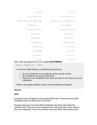 O U T                                    4 1 3

                -------------                           -------------

    S T E M | D E M I S E                   2 3 8 5 | 9 8 5 6 2 8

                | D M O C                               | 9 5 4 0

                -------------                           -------------

                     T U I S                                   3 1 6 2

                     S T E M                                   2 3 8 5

                    ----------                                ----------

                        Z Z Z E                                  7 7 7 8

                        Z U M M                                  7 1 5 5

                      --------                                  --------

                        I S T                                      6 2 3
Also, when arranged from 0 to 9, it spells CUSTOMIZED.
  Brain Teaser No : 00015

  In the town called Alibaug, the following facts are true:

       •   No two inhabitants have exactly the same number of hairs.
       •   No inhabitants has exactly 2025 hairs.
       •   There are more inhabitants than there are hairs on the head of any one
           inhabitants.

  What is the largest possible number of the inhabitants of Alibaug?

Answer

2025

It is given that no inhabitants have exactly 2025 hairs. Hence there are 2025
inhabitants with 0 to 2024 hairs in the head.

Suppose there are more than 2025 inhabitants. But these will violate the
condition that "There are more inhabitants than there are hairs on the head of
any one inhabitants." As for any number more than 2025, there will be same
 