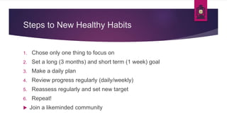 Steps to New Healthy Habits
1. Chose only one thing to focus on
2. Set a long (3 months) and short term (1 week) goal
3. Make a daily plan
4. Review progress regularly (daily/weekly)
5. Reassess regularly and set new target
6. Repeat!
 Join a likeminded community
 