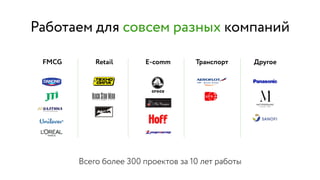 Работаем для совсем разных компаний
FMCG Retail Транспорт Другое
Всего более 300 проектов за 10 лет работы
E-comm
 