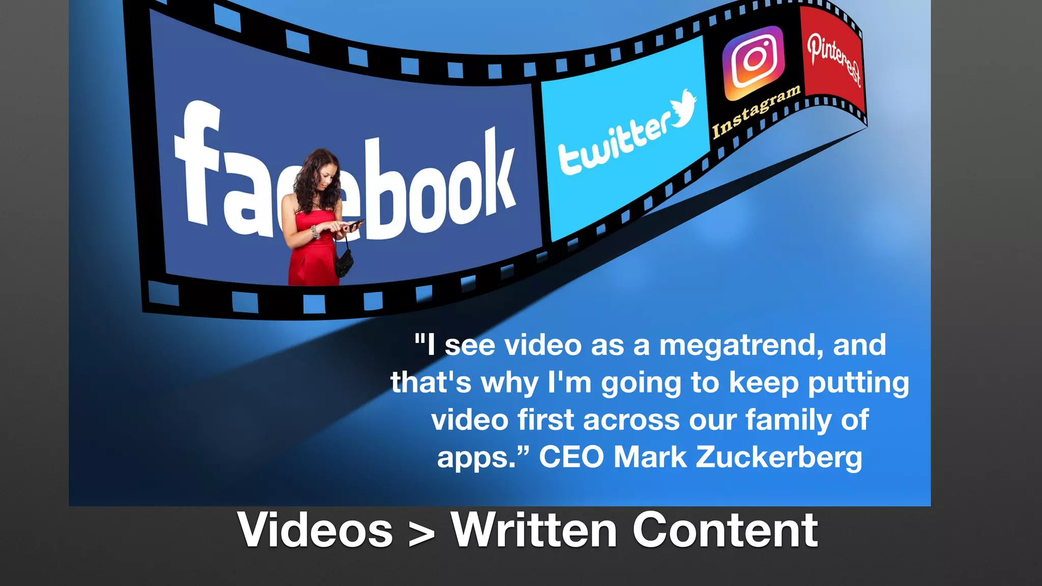 Videos > Written Content
"I see video as a megatrend, and
that's why I'm going to keep putting
video first across our family of
apps.” CEO Mark Zuckerberg