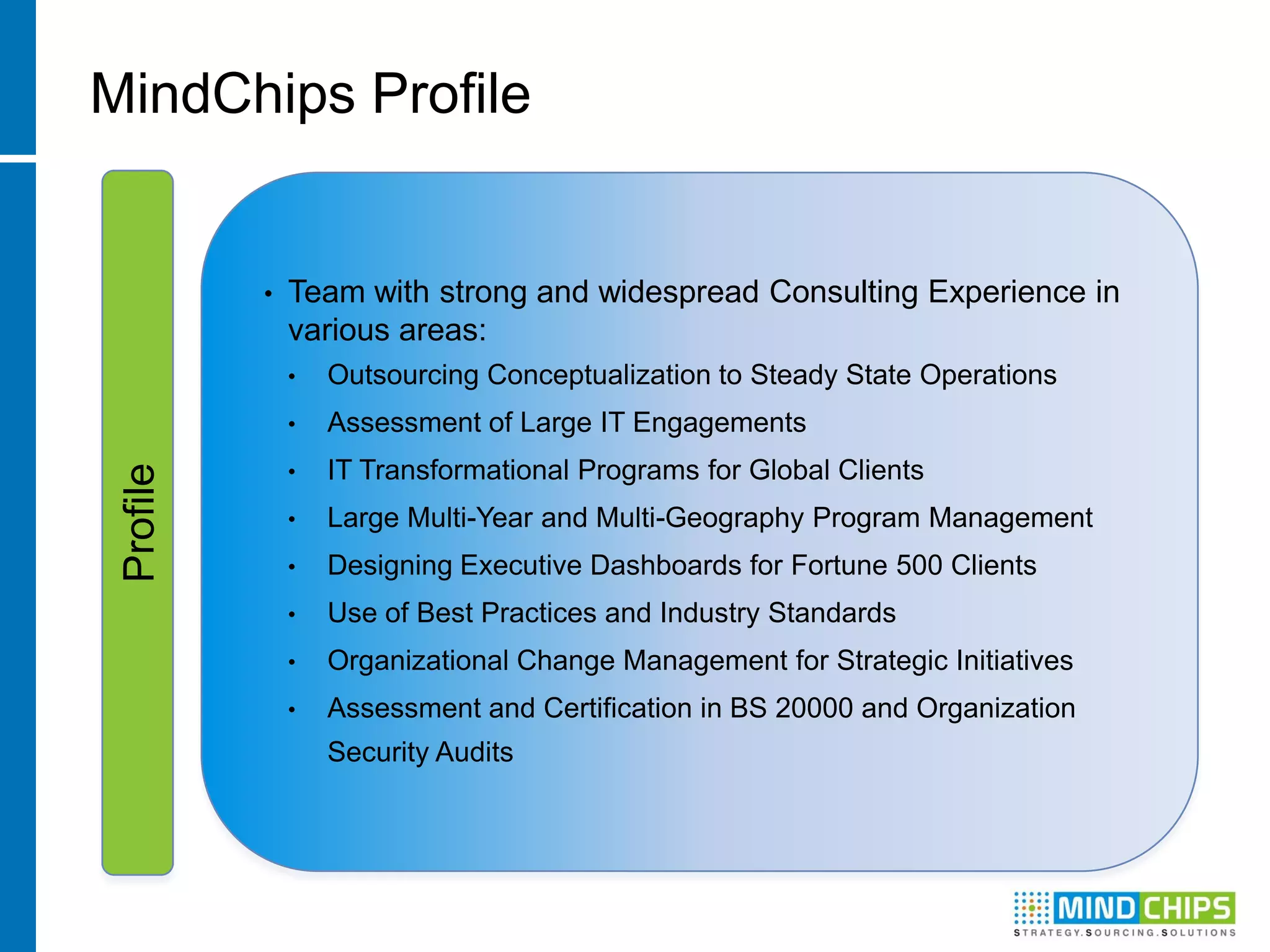 MindChips Profile


           •   Team with strong and widespread Consulting Experience in
               various areas:
               •   Outsourcing Conceptualization to Steady State Operations
               •   Assessment of Large IT Engagements
               •   IT Transformational Programs for Global Clients
 Profile




               •   Large Multi-Year and Multi-Geography Program Management
               •   Designing Executive Dashboards for Fortune 500 Clients
               •   Use of Best Practices and Industry Standards
               •   Organizational Change Management for Strategic Initiatives
               •   Assessment and Certification in BS 20000 and Organization
                   Security Audits
 