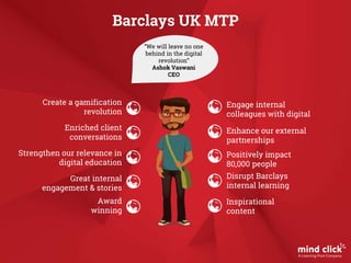 Barclays UK MTP
“We will leave no one
behind in the digital
revolution”
Ashok Vaswani
CEO
Enriched client
conversations
Award
winning
Create a gamification
revolution
Great internal
engagement & stories
Strengthen our relevance in
digital education
Inspirational
content
Enhance our external
partnerships
Disrupt Barclays
internal learning
Positively impact
80,000 people
Engage internal
colleagues with digital
 
