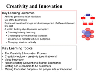 Creativity and Innovation
Key Learning Outcomes                                                               Integrity

• Ability to generate a lot of new ideas                                    Team                     P4E

• Out of the box thinking
• Business innovation through simultaneous pursuit of differentiation and    Customer        Change


  low cost
• A shift in thinking about business innovation:                                    Futuristic



    • Crossing industry boundary                                             PE                  Innovative


                                                                                   Competency

    • Challenging current business strategies                                M&L                  Change



    • Creating new markets with new customers                                       Strategic




    • Changing services radically

Key Learning Topics
•   The Creativity & Innovation Process
•   Creativity toolbox – creativity tools that work!
•   Value Innovation
•   Reconstructing Conventional Market Boundaries
•   Getting non-customers to be customers
•   Making Innovation happen – the people side of innovation
 