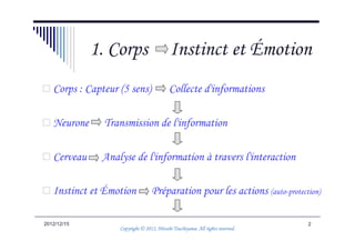 1. Corps                       Instinct et Émotion
   Corps : Capteur (5 sens)                Collecte d'informations

   Neurone     Transmission de l'information

   Cerveau    Analyse de l'information à travers l'interaction

   Instinct et Émotion            Préparation pour les actions (auto-protection)

2012/12/15                                                                      2
                                             Tsuchiyama.
                   Copyright © 2012, Hitoshi Tsuchiyama. All rights reserved.
 