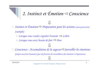 2. Instinct et Émotion                                                    Conscience

   Instinct et Émotion                   Préparation pour les actions (auto-protection)
   (exemple)
        Lorsque vous voulez expulser l'ennemi    Colère
        Lorsque vous avez besoin de fuir    Peur


   Conscience : Accumulation de la sagesse                                       Surveiller les émotions
   (propre aux êtres humains) (pas de fonction de surveillance des émotions si l'ignorance)


2012/12/15                                                                                          3
                                                    Tsuchiyama.
                          Copyright © 2012, Hitoshi Tsuchiyama. All rights reserved.
 