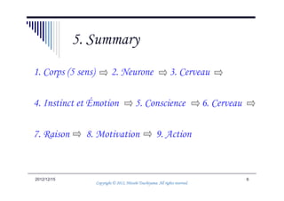 5. Summary
1. Corps (5 sens)            2. Neurone                           3. Cerveau

4. Instinct et Émotion                      5. Conscience                        6. Cerveau

7. Raison      8. Motivation                             9. Action



2012/12/15                                                                                    6
                                              Tsuchiyama.
                    Copyright © 2012, Hitoshi Tsuchiyama. All rights reserved.
 