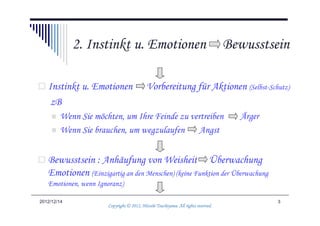 2. Instinkt u. Emotionen                                              Bewusstsein

   Instinkt u. Emotionen                   Vorbereitung für Aktionen (Selbst-Schutz)
    zB
        Wenn Sie möchten, um Ihre Feinde zu vertreiben                               Ärger
        Wenn Sie brauchen, um wegzulaufen      Angst


   Bewusstsein : Anhäufung von Weisheit Überwachung
   Emotionen (Einzigartig an den Menschen) (keine Funktion der Überwachung
   Emotionen, wenn Ignoranz)

2012/12/14                                                                                   3
                                                Tsuchiyama.
                      Copyright © 2012, Hitoshi Tsuchiyama. All rights reserved.
 