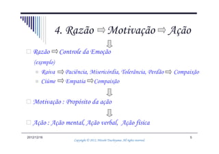 4. Razão                          Motivação                          Ação
   Razão        Controle da Emoção
    (exemplo)
        Raiva     Paciência, Misericórdia, Tolerância, Perdão                     Compaixão
        Ciúme     Empatia Compaixão


   Motivação : Propósito da ação

   Ação : Ação mental, Ação verbal, Ação física
2012/12/16                                                                             5
                                               Tsuchiyama.
                     Copyright © 2012, Hitoshi Tsuchiyama. All rights reserved.
 