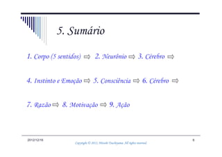 5. Sumário
1. Corpo (5 sentidos)             2. Neurônio                        3. Cérebro

4. Instinto e Emoção             5. Consciência                         6. Cérebro

7. Razão      8. Motivação                    9. Ação



2012/12/16                                                                           6
                                             Tsuchiyama.
                   Copyright © 2012, Hitoshi Tsuchiyama. All rights reserved.
 