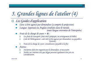 5. Grandes lignes de l'atelier (4)
       Les Guides d'application
             Lieu: à être agencé par demandeur (y compris le projecteur)
             Langue: Japonais ou Anglais (endroits dans le monde,
                                           toute langue entremise de l'interprète)
             Frais de la chargé de cours + α:
                 Les frais de transport: frais réels (prépayée, ou arrangement de billet)
                 Coût de l'hébergement: coût réel (à être agencé par demandeur, ou payable à
                                                     l'arrivée)
                 Frais de la chargé de cours: consultation (payable à la fin)
             Autres:
                 Interprète doit être organisé par le demandeur, si nécessaire.
                 Atelier sur Internet tels que Skype peuvent également être pris en
                 considération.
2012/12/30                                                                                 6
 