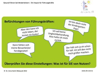 Gesund Führen bei Minderleistern – Ein Impuls für Führungskräfte




                                                                                                          ®



 Befürchtungen von Führungskräften:                                         Ich bin
                                                                                    do
                                                                            der Kin ch nicht
                                                                                   dergar
                                                                                         te n -
                                    n ich                                        Papi!
                      Aber den kan                          Ich will kein
                                       er
                        nicht loben, d                  Ungleichbeh
                                                                          e
                                      tes!
                       leistet nix Gu                    Also halte ic
                                                                      andlung.
                                                                      h mich
                                                               zurück.

          Dann fühlen sich
                                                                                                schon
         meine Besserleister                                              Der hält sich ja eh
                                                                                                  nicht
           herabgesetzt!                                                  fü r toll. Ich will den
                                                                                                  en.
                                                                            noch größer mach



 Überprüfen Sie diese Einstellungen: Was ist für SIE von Nutzen?

© Dr. Anne Katrin Matyssek 2012                                                             www.do-care.tv
 