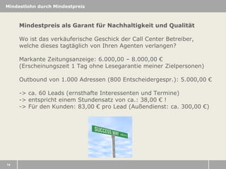 Mindestlohn durch Mindestpreis

Mindestpreis als Garant für Nachhaltigkeit und Qualität
Wo ist das verkäuferische Geschick der Call Center Betreiber,
welche dieses tagtäglich von Ihren Agenten verlangen?
Markante Zeitungsanzeige: 6.000,00 – 8.000,00 €
(Erscheinungszeit 1 Tag ohne Lesegarantie meiner Zielpersonen)
Outbound von 1.000 Adressen (800 Entscheidergespr.): 5.000,00 €
-> ca. 60 Leads (ernsthafte Interessenten und Termine)
-> entspricht einem Stundensatz von ca.: 38,00 € !
-> Für den Kunden: 83,00 € pro Lead (Außendienst: ca. 300,00 €)

14

 