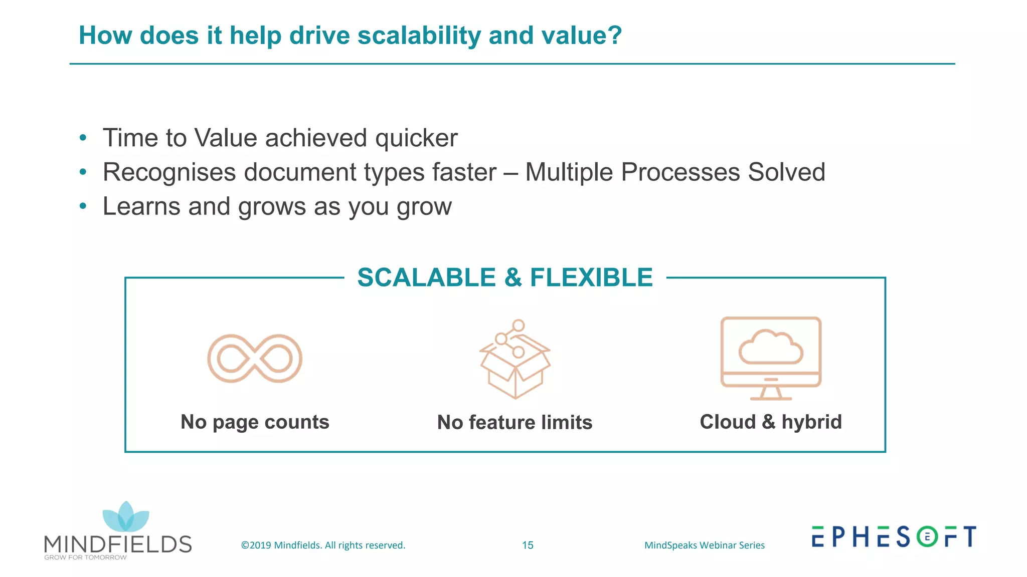 15©2019 Mindfields. All rights reserved. MindSpeaks Webinar Series
How does it help drive scalability and value?
No page counts Cloud & hybridNo feature limits
• Time to Value achieved quicker
• Recognises document types faster – Multiple Processes Solved
• Learns and grows as you grow
SCALABLE & FLEXIBLE
 