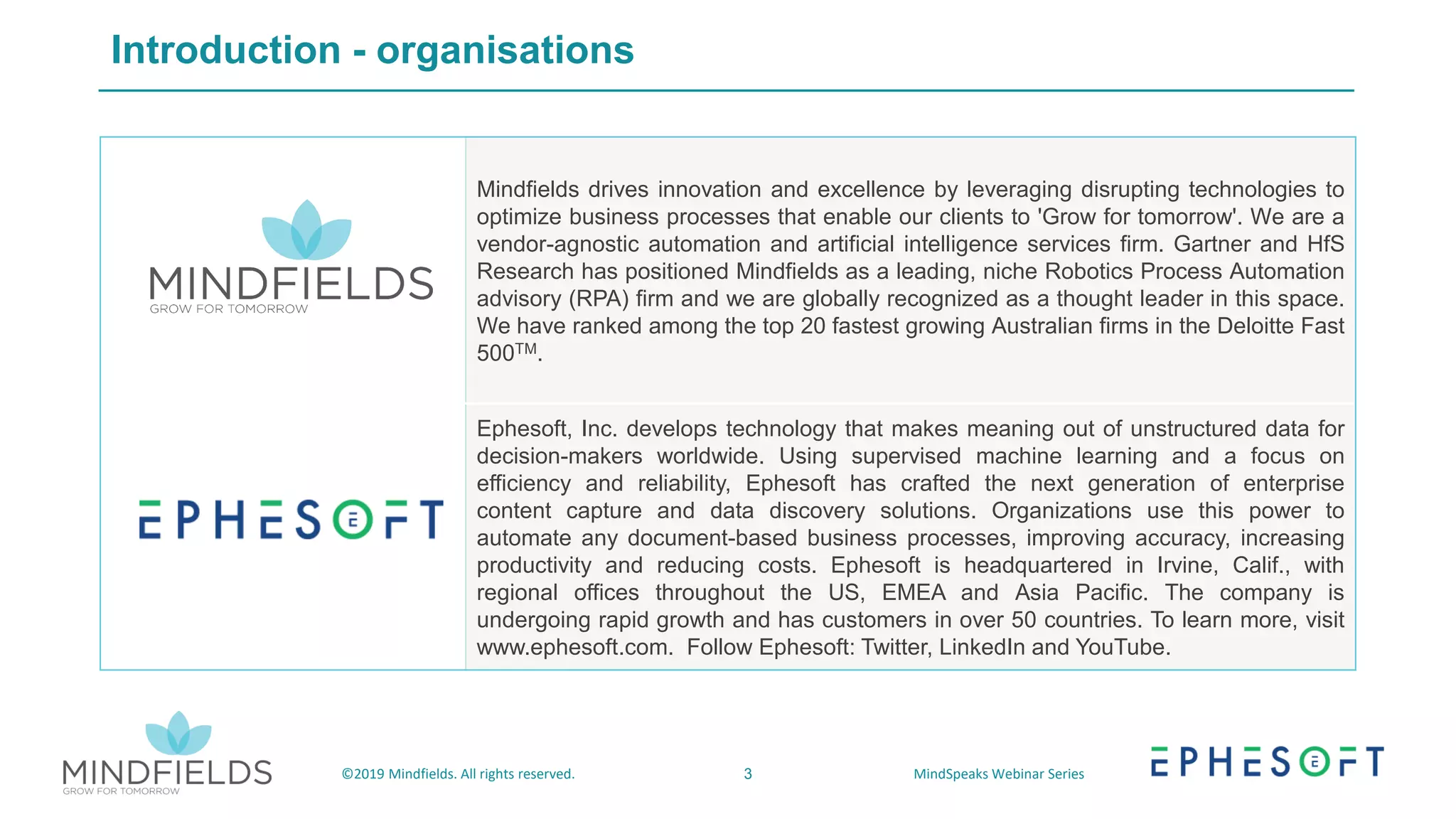 3©2019 Mindfields. All rights reserved. MindSpeaks Webinar Series
Introduction - organisations
Mindfields drives innovation and excellence by leveraging disrupting technologies to
optimize business processes that enable our clients to 'Grow for tomorrow'. We are a
vendor-agnostic automation and artificial intelligence services firm. Gartner and HfS
Research has positioned Mindfields as a leading, niche Robotics Process Automation
advisory (RPA) firm and we are globally recognized as a thought leader in this space.
We have ranked among the top 20 fastest growing Australian firms in the Deloitte Fast
500TM.
Ephesoft, Inc. develops technology that makes meaning out of unstructured data for
decision-makers worldwide. Using supervised machine learning and a focus on
efficiency and reliability, Ephesoft has crafted the next generation of enterprise
content capture and data discovery solutions. Organizations use this power to
automate any document-based business processes, improving accuracy, increasing
productivity and reducing costs. Ephesoft is headquartered in Irvine, Calif., with
regional offices throughout the US, EMEA and Asia Pacific. The company is
undergoing rapid growth and has customers in over 50 countries. To learn more, visit
www.ephesoft.com. Follow Ephesoft: Twitter, LinkedIn and YouTube.
 