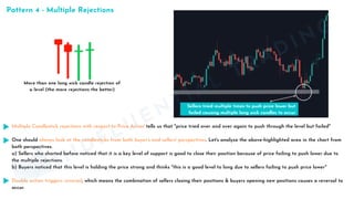 Multiple Candlestick rejections with respect to Price Action tells us that "price tried over and over again to push through the level but failed"
One should always look at the candlesticks from both buyer's and sellers' perspectives. Let's analyze the above-highlighted area in the chart from
both perspectives.
a) Sellers who shorted before noticed that it is a key level of support is good to close their position because of price failing to push lower due to
the multiple rejections.
b) Buyers noticed that this level is holding the price strong and thinks "this is a good level to long due to sellers failing to push price lower"
Double action triggers reversal, which means the combination of sellers closing their positions & buyers opening new positions causes a reversal to
occur.
MINDFLUENTIAL
TRADING
Pattern 4 - Multiple Rejections
 
