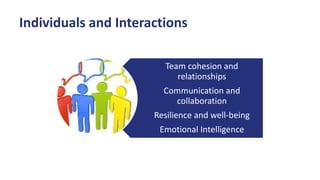 Individuals and Interactions
Team cohesion and
relationships
Communication and
collaboration
Resilience and well-being
Emotional Intelligence
 