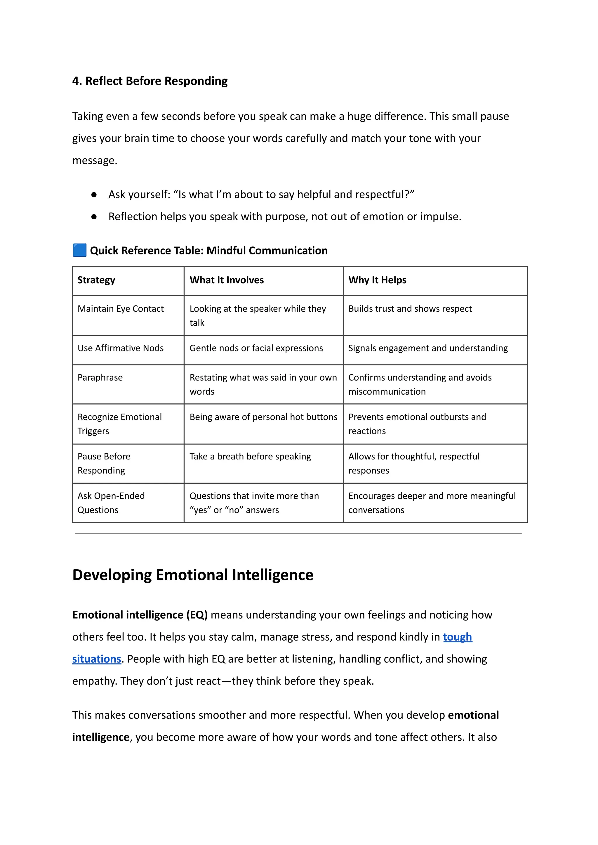 4. Reflect Before Responding
Taking even a few seconds before you speak can make a huge difference. This small pause
gives your brain time to choose your words carefully and match your tone with your
message.
●​ Ask yourself: “Is what I’m about to say helpful and respectful?”
●​ Reflection helps you speak with purpose, not out of emotion or impulse.
🟦Quick Reference Table: Mindful Communication
Strategy What It Involves Why It Helps
Maintain Eye Contact Looking at the speaker while they
talk
Builds trust and shows respect
Use Affirmative Nods Gentle nods or facial expressions Signals engagement and understanding
Paraphrase Restating what was said in your own
words
Confirms understanding and avoids
miscommunication
Recognize Emotional
Triggers
Being aware of personal hot buttons Prevents emotional outbursts and
reactions
Pause Before
Responding
Take a breath before speaking Allows for thoughtful, respectful
responses
Ask Open-Ended
Questions
Questions that invite more than
“yes” or “no” answers
Encourages deeper and more meaningful
conversations
Developing Emotional Intelligence
Emotional intelligence (EQ) means understanding your own feelings and noticing how
others feel too. It helps you stay calm, manage stress, and respond kindly in tough
situations. People with high EQ are better at listening, handling conflict, and showing
empathy. They don’t just react—they think before they speak.
This makes conversations smoother and more respectful. When you develop emotional
intelligence, you become more aware of how your words and tone affect others. It also
 