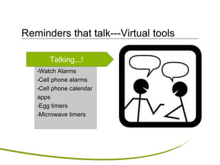 •Watch Alarms
•Cell phone alarms
•Cell phone calendar
apps
•Egg timers
•Microwave timers
Reminders that talk---Virtual tools
Talking...!
 