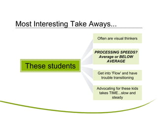 Most Interesting Take Aways...
PROCESSING SPEEDS?
Average or BELOW
AVERAGE
Get into 'Flow' and have
trouble transitioning
Advocating for these kids
takes TIME...slow and
steady
Often are visual thinkers
These students
 