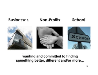 Businesses      Non-Profits        School




      wanting and committed to finding
   something better, different and/or more…
                                              16
 